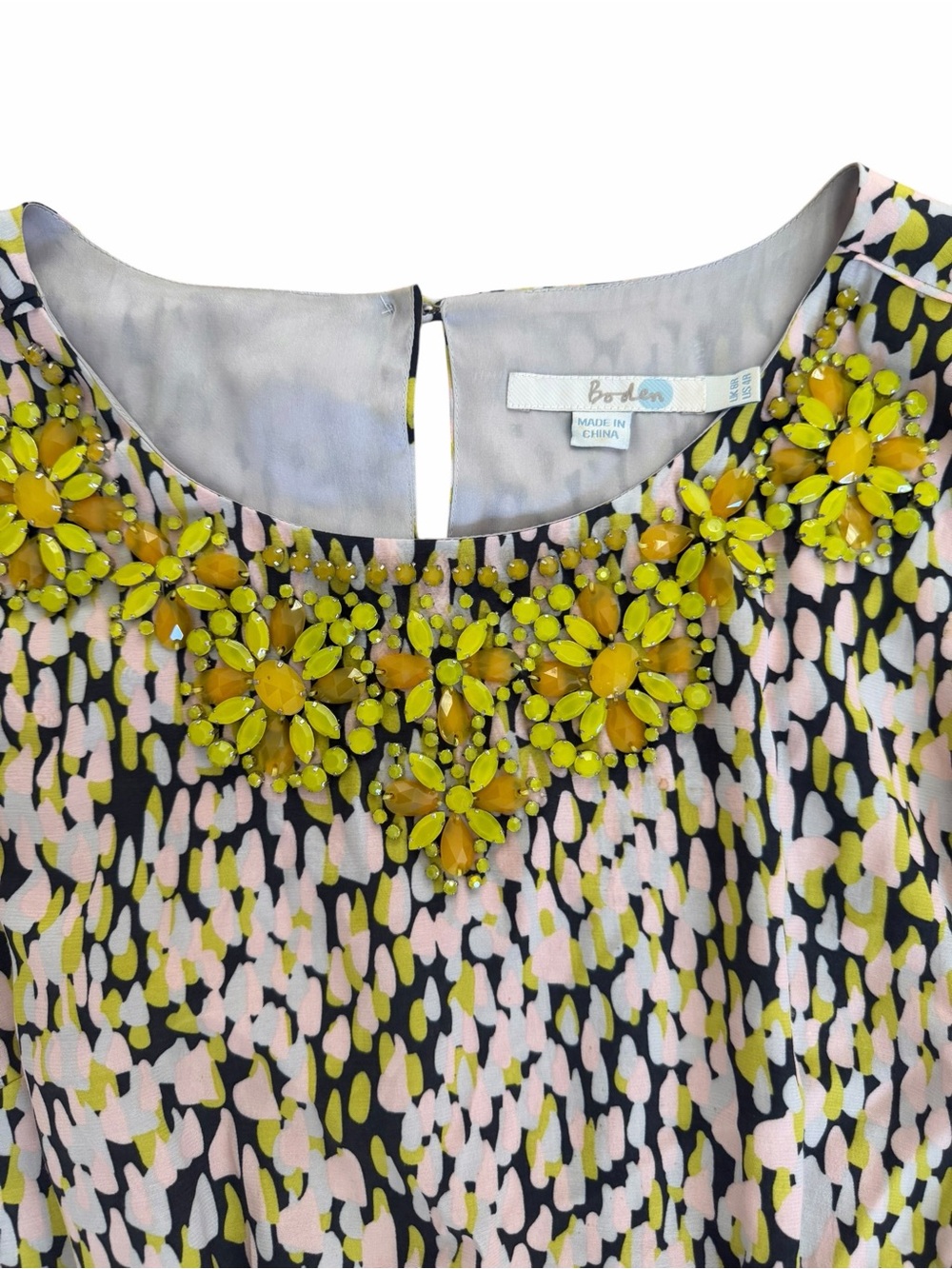 Boden Yellow, Black & Pink Spotted Floral Beaded Neck Dress
